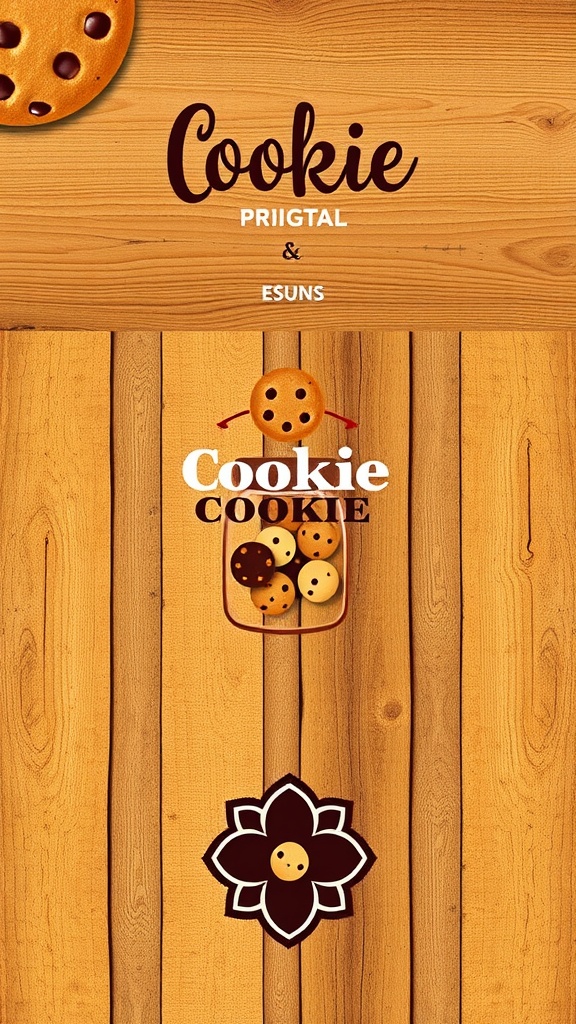 A collection of cookie logo designs featuring minimalist, vintage, and modern styles on a rustic background.